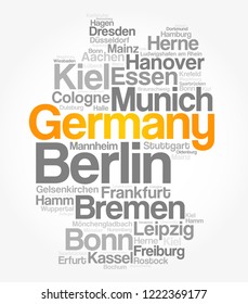 List of cities and towns in GERMANY, map word cloud collage, business and travel concept background