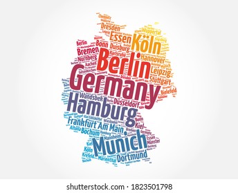List of cities and towns in GERMANY, map word cloud collage, business and travel concept background