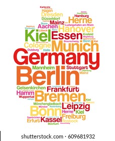 List of cities and towns in GERMANY, map word cloud collage, business and travel concept background