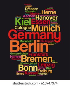 List of cities and towns in GERMANY, map word cloud collage, business and travel concept background