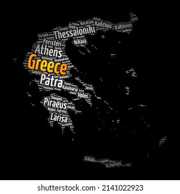 List of cities and towns in Greece, map word cloud collage, business and travel concept background