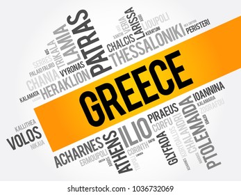 List of cities and towns in Greece, word cloud collage, business and travel concept background