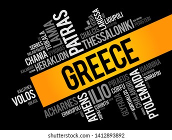 List of cities and towns in Greece, word cloud collage, business and travel concept background