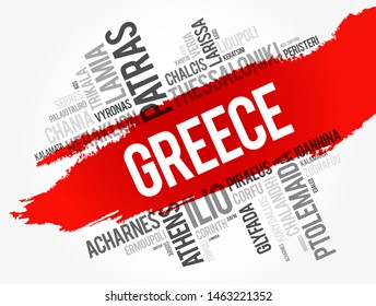 List of cities and towns in Greece, word cloud collage, business and travel concept background