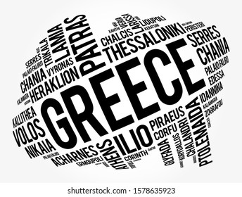 List of cities and towns in Greece, word cloud collage, business and travel concept background