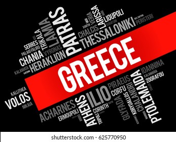 List of cities and towns in Greece, word cloud collage, business and travel concept background