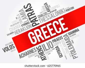 List of cities and towns in Greece, word cloud collage, business and travel concept background