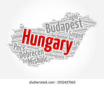 List of cities and towns in Hungary, map word cloud collage, business and travel concept background