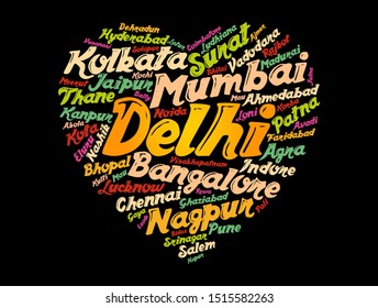 List of cities and towns in India composed in love sign heart shape, word cloud collage, business and travel concept background