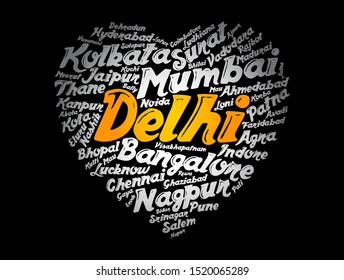 List of cities and towns in India composed in love sign heart shape, word cloud collage, business and travel concept background