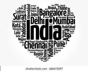 List of cities and towns in India composed in love sign heart shape, word cloud collage, business and travel concept background