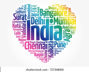 List of cities and towns in India composed in love sign heart shape, word cloud collage, business and travel concept background