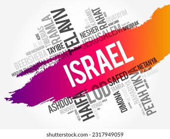 Liste der Städte in Israel, Wortwolken-Collage, Hintergrund des Geschäfts- und Reisekonzepts