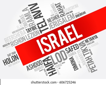 List of cities and towns in Israel, word cloud collage, business and travel concept background