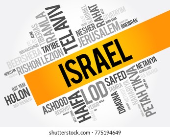 List of cities and towns in Israel, word cloud collage, business and travel concept background