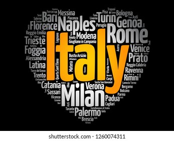 List of cities and towns in Italy composed in love sign heart shape, word cloud collage, business and travel concept background