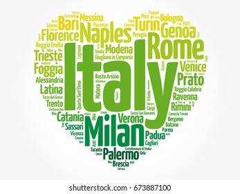 List of cities and towns in Italy composed in love sign heart shape, word cloud collage, business and travel concept background