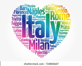 List of cities and towns in Italy composed in love sign heart shape, word cloud collage, business and travel concept background