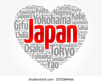 List of cities and towns in Japan composed in love sign heart shape, word cloud collage, business and travel concept background