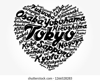 List of cities and towns in Japan composed in love sign heart shape, word cloud collage, business and travel concept background