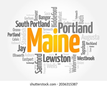 List of cities and towns in Maine USA state, word cloud concept background