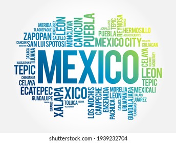 List of cities and towns in Mexico, word cloud collage, business and travel concept background