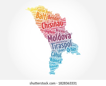 List of cities and towns in Moldova, map word cloud collage, business and travel concept background