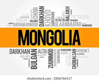 List of cities and towns in Mongolia, word cloud collage, business and travel concept background