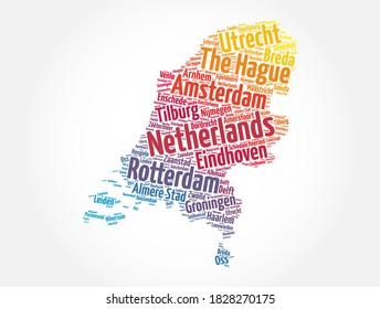 List of cities and towns in Netherland, map word cloud collage, business and travel concept background