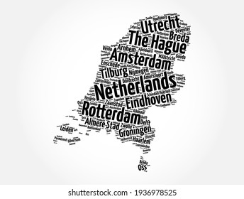 List of cities and towns in Netherland, map word cloud collage, business and travel concept background