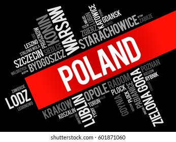 List of cities and towns in Poland, word cloud collage, business and travel concept background