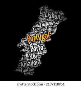 List of cities and towns in Portugal, map word cloud collage, business and travel concept background