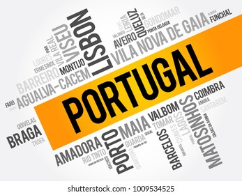 List of cities and towns in Portugal, word cloud collage, business and travel concept background