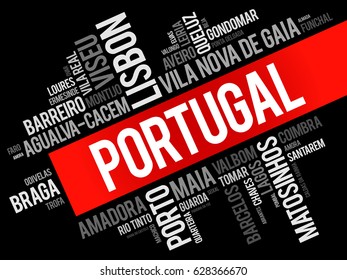 List of cities and towns in Portugal, word cloud collage, business and travel concept background