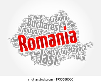 List of cities and towns in Romania, map word cloud collage, business and travel concept background