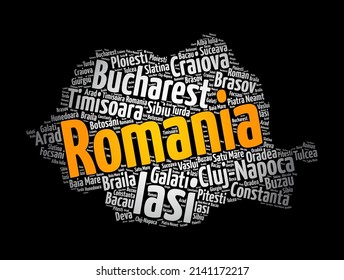 Liste der Städte in Rumänien, Karte mit Cloud-Collage, Hintergrund des Geschäfts- und Reisekonzepts