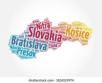 List of cities and towns in Slovakia, map word cloud collage, business and travel concept background