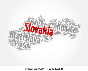 Liste der Städte und Städte in der Slowakei, Karte des Wortwolken-Collage, Hintergrund des Geschäfts- und Reisekonzepts