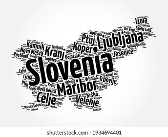 Lista de ciudades y pueblos de Eslovenia, collage de palabras en el mapa, antecedentes del concepto de negocios y viajes