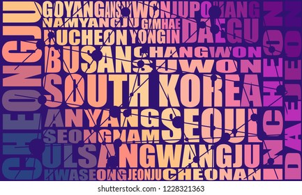 List of cities and towns of South Korea. Word cloud collage. Business and travel concept background.
