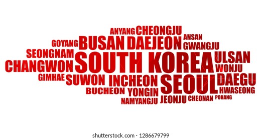 List of cities and towns of South Korea. Word cloud collage. Business and travel concept background.