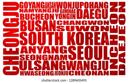 List of cities and towns of South Korea. Word cloud collage. Business and travel concept background.