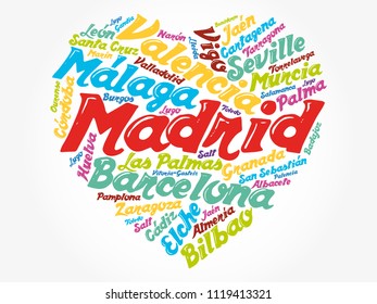 List of cities and towns in Spain composed in love sign heart shape, word cloud collage, business and travel concept background