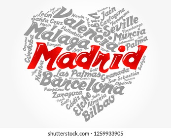 List of cities and towns in Spain composed in love sign heart shape, word cloud collage, business and travel concept background