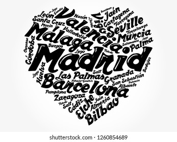 List of cities and towns in Spain composed in love sign heart shape, word cloud collage, business and travel concept background