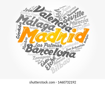 List of cities and towns in Spain composed in love sign heart shape, word cloud collage, business and travel concept background