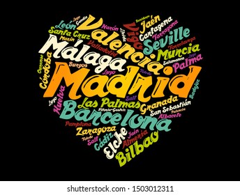 List of cities and towns in Spain composed in love sign heart shape, word cloud collage, business and travel concept background