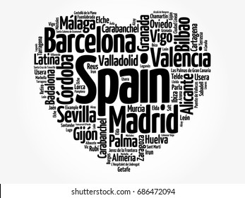 List of cities and towns in Spain composed in love sign heart shape, word cloud collage, business and travel concept background