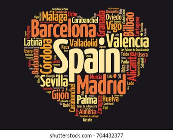 List of cities and towns in Spain composed in love sign heart shape, word cloud collage, business and travel concept background