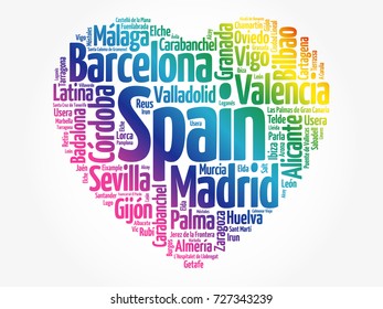 List of cities and towns in Spain composed in love sign heart shape, word cloud collage, business and travel concept background